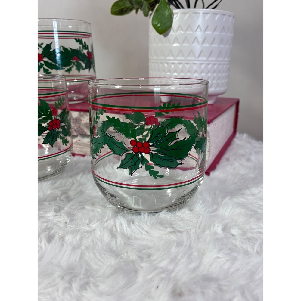 Vintage Christmas Holly Berry Rocks Glasses Set of 5 Holiday Lowball Tumblers